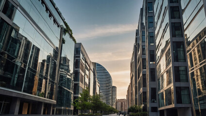 Business Office Buildings with Mirror-like Facades, Creating a Dynamic Cityscape.