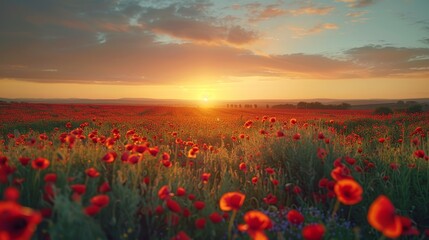 Breathtaking landscape of a poppy field at sunset 