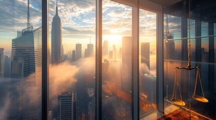 A panoramic view of a bustling metropolis from a corner office bathed in warm morning light. Gleaming skyscrapers pierce the clouds reflecting the scales of justice etched on the building's facade.