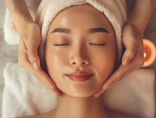 Young asian woman having a facial massage in a spa salon