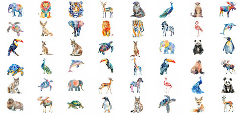Fototapeta na wymiar Vibrant watercolor collection of diverse wildlife animals, ideal for educational material and artistic backgrounds with ample space for text