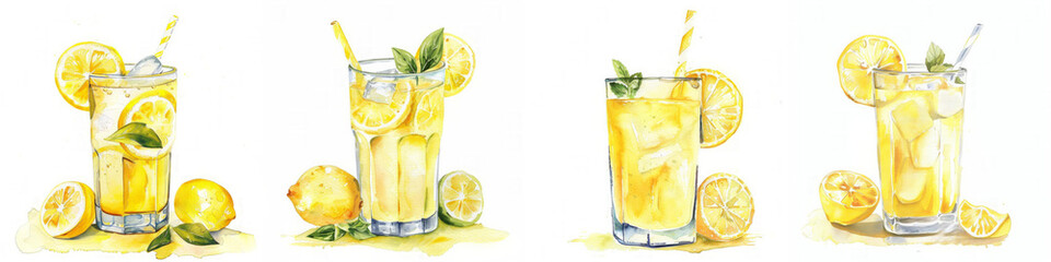 Set of lemon lemonades with mint, watercolor isolated  background © fotogurme