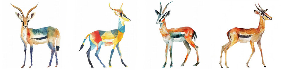 Obraz premium Set of four colorful watercolor antelopes on a white background, ideal for educational materials, artistic prints, and themed decorations with ample space for text