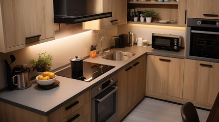 High angle view of a modern compact fitted kitchen with wooden cabinets, stone countertops and built in stove and hob with small appliances on the work surface - obrazy, fototapety, plakaty