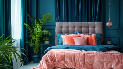 A luxurious bedroom designed with a deep teal accent wall and plush pink bedding