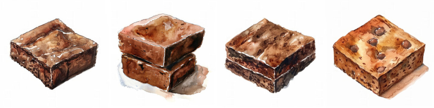 Set of  Watercolor illustration set of four assorted brownies with space for text, perfect for menus or bakery ads
