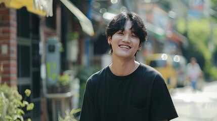 a Korean man 19 years old, black hair, attractive, black shirt, smile, walking on the garden street