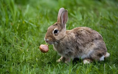 Fototapeta premium A rabbit eating a small object in grass 