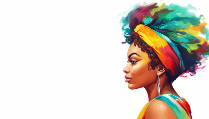 A woman with a colorful head scarf is the main focus of the image - obrazy, fototapety, plakaty