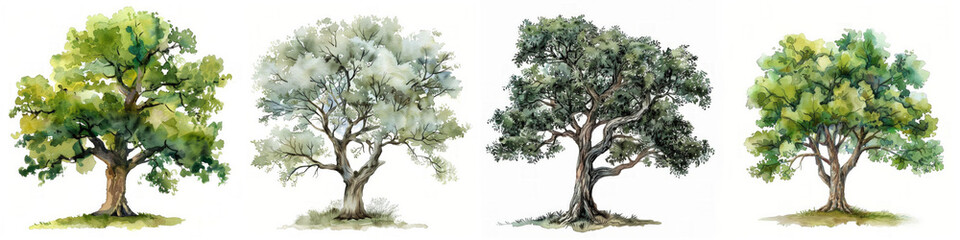 Set of four watercolor trees representing different seasons, ideal for educational content, environmental graphics, and seasonal designs with space for text