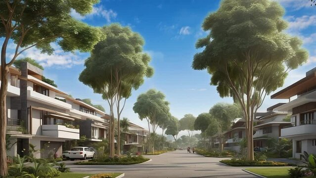 The environmental landscape in the city housing complex displays a neat beauty with manicured gardens, towering trees, and refreshing open areas. seamless looping time lapse animation video background
