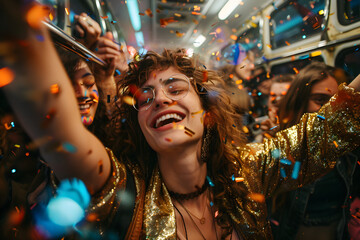 Wide angle of people happy in a bus party - obrazy, fototapety, plakaty