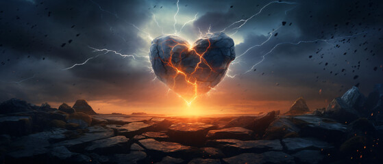 Stone heart with lightning flies in the sky - obrazy, fototapety, plakaty