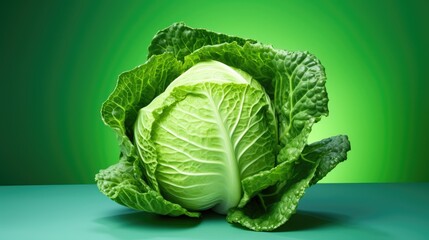 White cabbage on a green background. A whole, large head of cabbage. Fresh harvest, the concept of healthy eating and vegetarianism. - obrazy, fototapety, plakaty