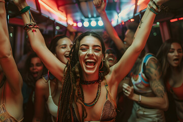 Wide angle of people happy in a bus party, a lively and colorful image of friends enjoying a festive celebration while traveling - obrazy, fototapety, plakaty