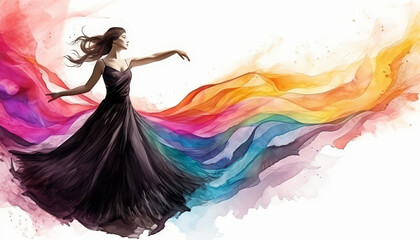 A woman in a black dress is dancing in a rainbow - obrazy, fototapety, plakaty