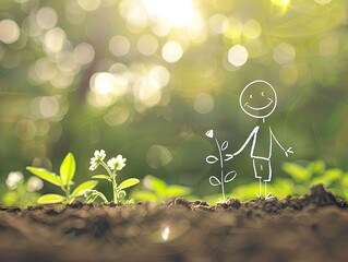 A white line art stick figure with smile is planting small plant seeds