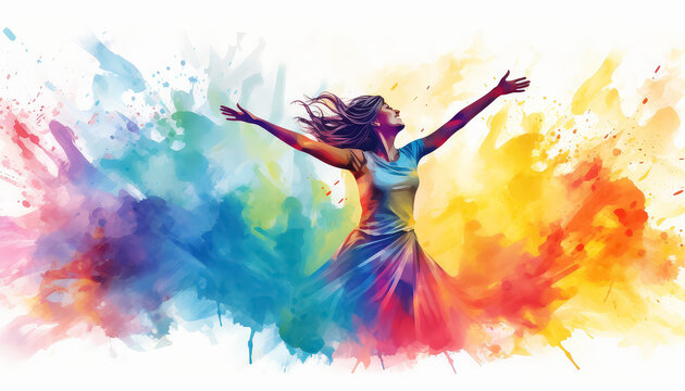 A woman is dancing in a colorful background