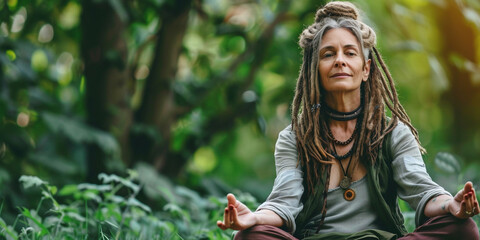 Obraz premium A woman sits with her eyes closed and meditates outdoors. Total relaxation concept