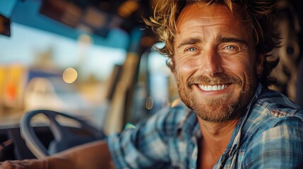 Smiling Man Driving Truck - obrazy, fototapety, plakaty
