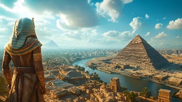 4K HD video clips Egyptian pharaoh standing looking at pyramid and his kingdom.