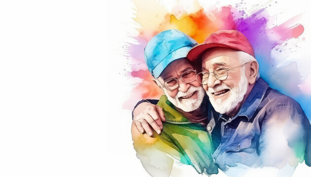 Two men are holding a rainbow flag and smiling