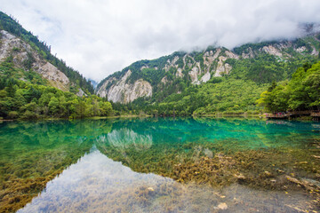 Beautiful view of the blue lake of Wolong Sea in Jiuzhaigou, Sichuan, China