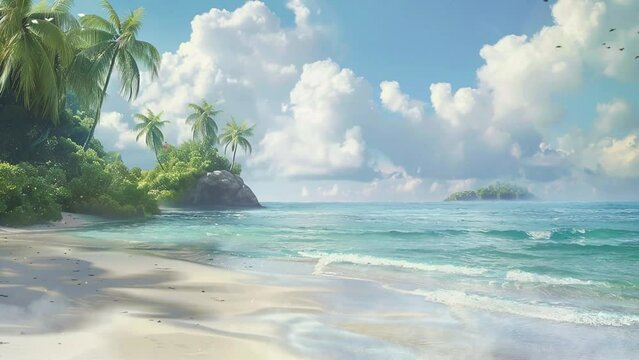 nature background with beautiful beach on sunny bright day. island getaway a dreamy beach scene. seamless looping overlay 4k virtual video animation background