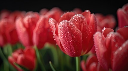 Showcase the enchanting beauty of tulip blooms adorned with glistening water droplets - Powered by Adobe