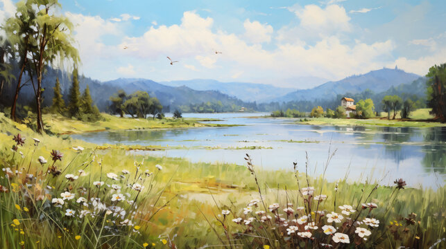 Summer landscape with lake. Oil painting ..