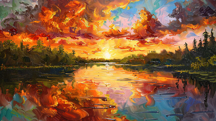 Summer sunset. Oil painting. ..