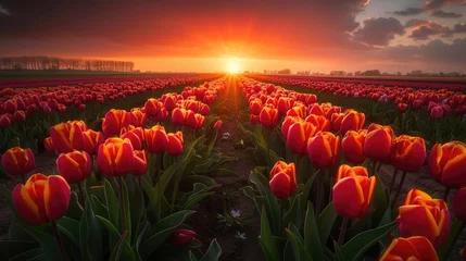Poster Experience the splendor of springtime tulip fields with expansive views © munawaroh
