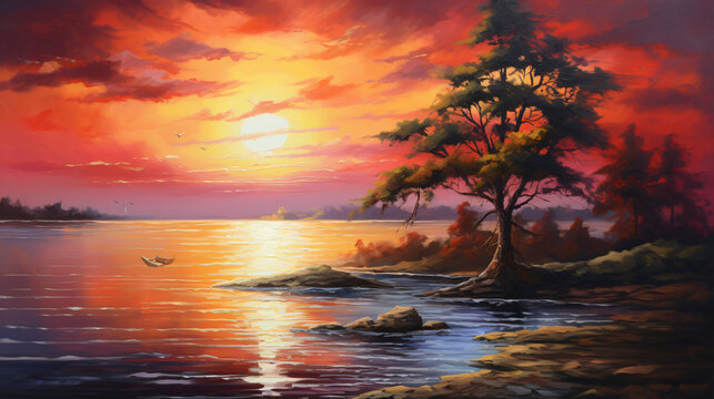 Summer sunset. Oil painting ..