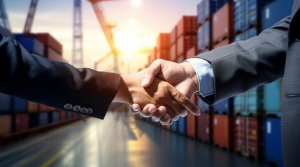 businessman handshake of business deal with logistic and transportation global network distribution on industrial container terminal, export and import. - obrazy, fototapety, plakaty