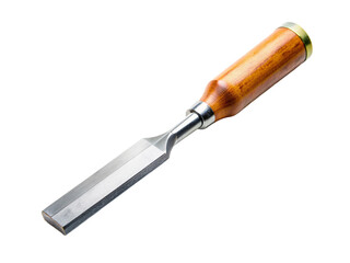Metal chisel with wooden handle isolated on transparent background.