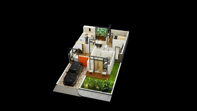 3d rendering floor plan of a house top view. minimalist house 84 square meters with 2 bedrooms