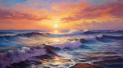 Sunset on the sea painting by oil on canvas. 