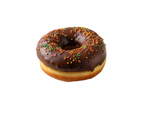 Chocolate donut with sprinkles on white plate. isolated on transparent background.