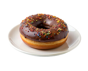 Chocolate donut with sprinkles on white plate. isolated on transparent background.