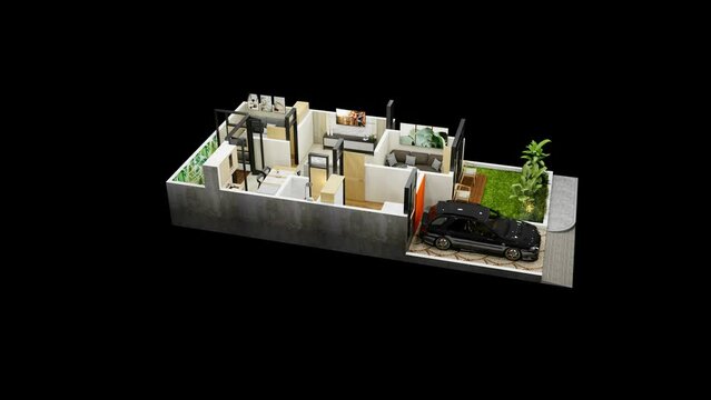 3d rendering floor plan of a house top view. minimalist house 84 square meters with 2 bedrooms