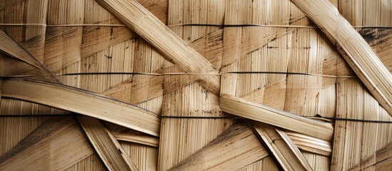 A detailed shot of a wooden facade constructed with bamboo sticks, showcasing the intricate pattern...