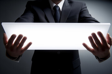 Naklejka premium A man in a dark suit holding a glowing empty tablet. The tablet shines brighter than the surrounding area, and the man's hands are seen on both sides of the tablet