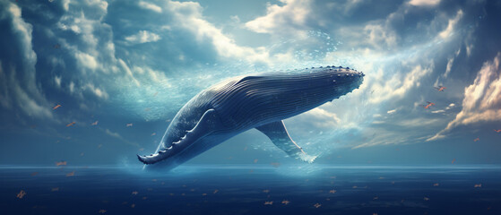 Surrealist Animation of a Humpback Whale in the Sky - obrazy, fototapety, plakaty