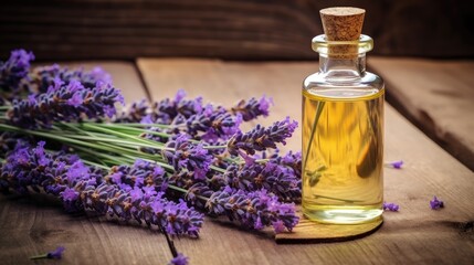 A glass bottle of lavender essential oil with fresh lavender flowers, an aromatherapy spa massage concept. Alternative medicine. Aromatherapy.
