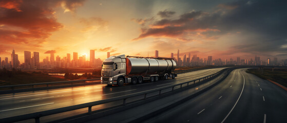 Tanker truck on the big highway city at sunset ..