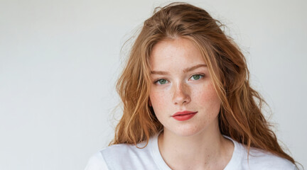 A woman with red hair and green eyes is wearing a white shirt. She is looking directly at the camera
