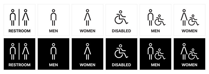 male and female toilet symbols. disabled icon. gender icon. restroom pictogram. WC signage