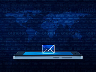 email icon on modern smart mobile phone screen over world map and computer binary code blue background, Technology communication online concept, Elements of this image furnished by NASA