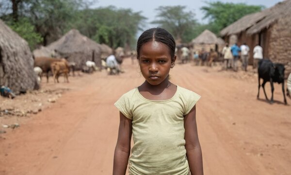A young african american preteen girl stands in front of a dirt road in a village. The girl has hair in a braid.