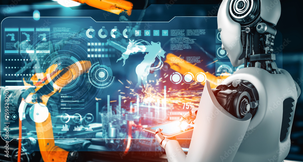 Aufkleber xai mechanized industry robot and robotic arms for assembly in factory production. concept of artifi